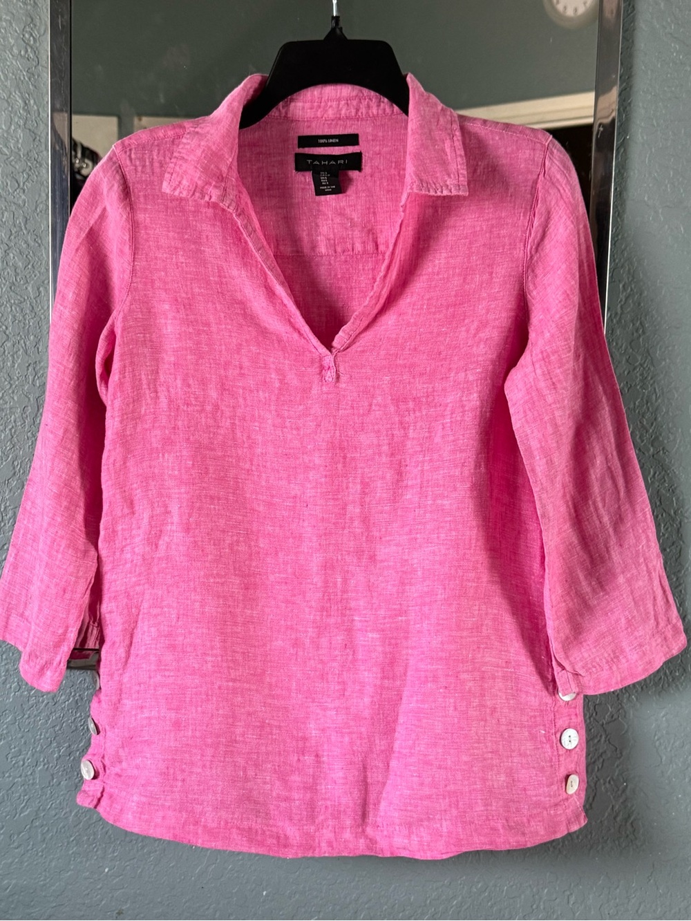 Tahari Irish Linen Black Label Nordstrom Split-Neck Tunic Top Size S